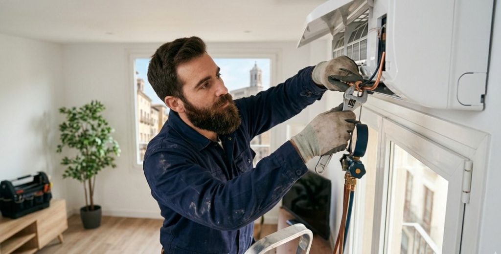 Tècnic instal·lant un equip d'aire condicionat split a Girona