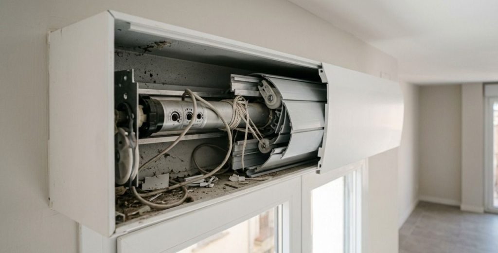 Mecanisme atascat al calaix obert d'una persiana elèctrica moderna a Girona