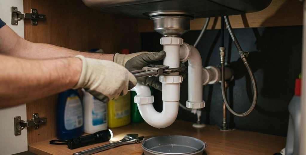 Tècnic desmontant un sifó per desembussar la pica de la cuina a Girona