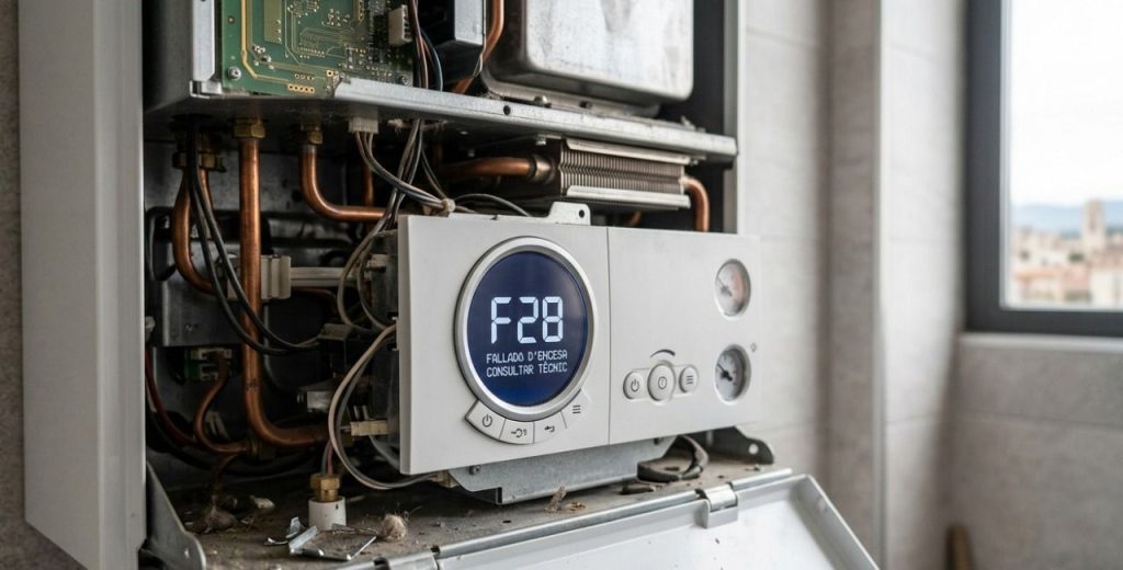 Detall de placa electrònica de caldera moderna mostrant l'error F28 per a reparació a Girona