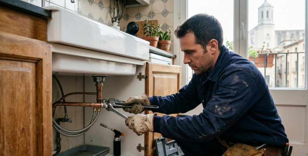 Fontaner professional reparant una canonada a Girona.