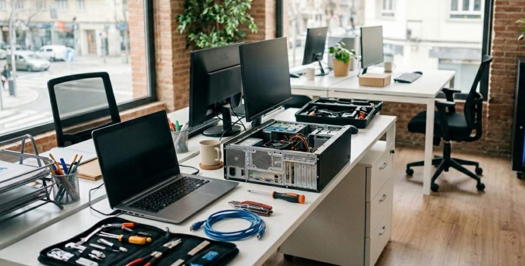 Tècnic informàtic realitzant manteniment preventiu per a una PIME a Salt, Girona