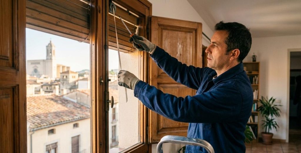 Persianista professional reparant una persiana a Girona
