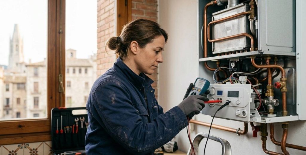 Tècnic especialista reparant una caldera de gas a Girona